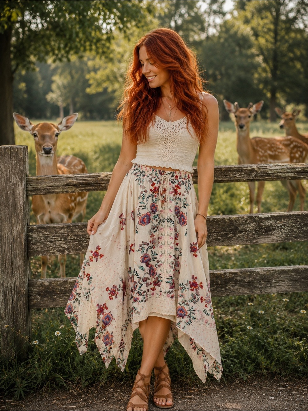 Nostalgia Cream Floral Handkerchief-Hem Maxi Skirt